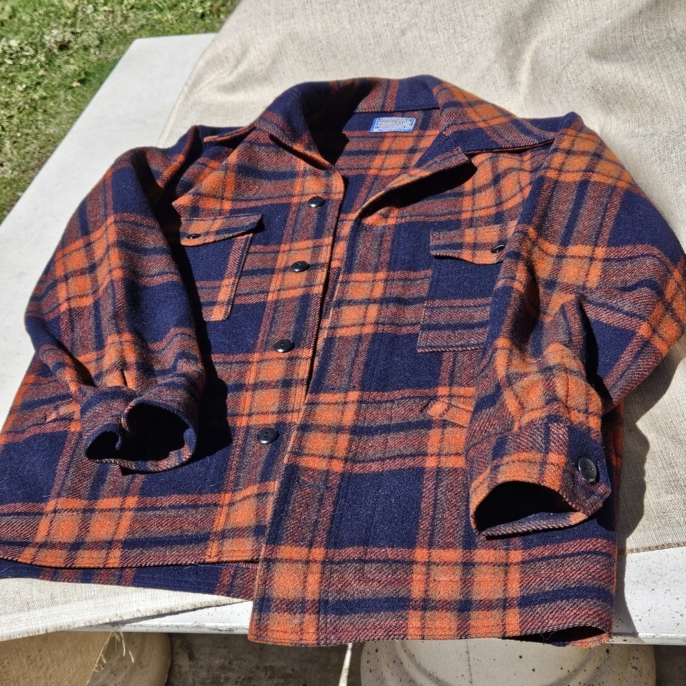 Pendleton Plaid Button-Up Jacket in Orange and Navy